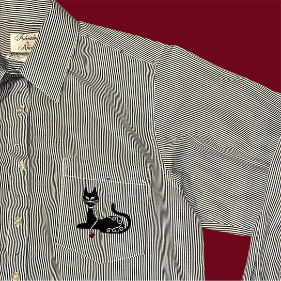 Vintage Women’s Blouse Black & White Striped w/ Sequin & Embroidered Cats - Picture 5 of 10